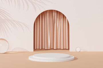 Podium or pedestal for products or advertising near to beige empty entrance with curtains and tropical leaf shadows. 3D minimal rendering.