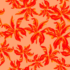 Scarlet Banana Leaf Illustration. Coral Isolated Texture. Fuchsia Seamless Jungle. Red Pattern Foliage. Pink Watercolor Painting. Tropical Palm. Botanical Palm.