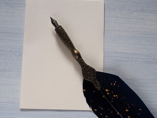 Pluma de ave con plum&iacute;n para escribir y tarjeta en blanco