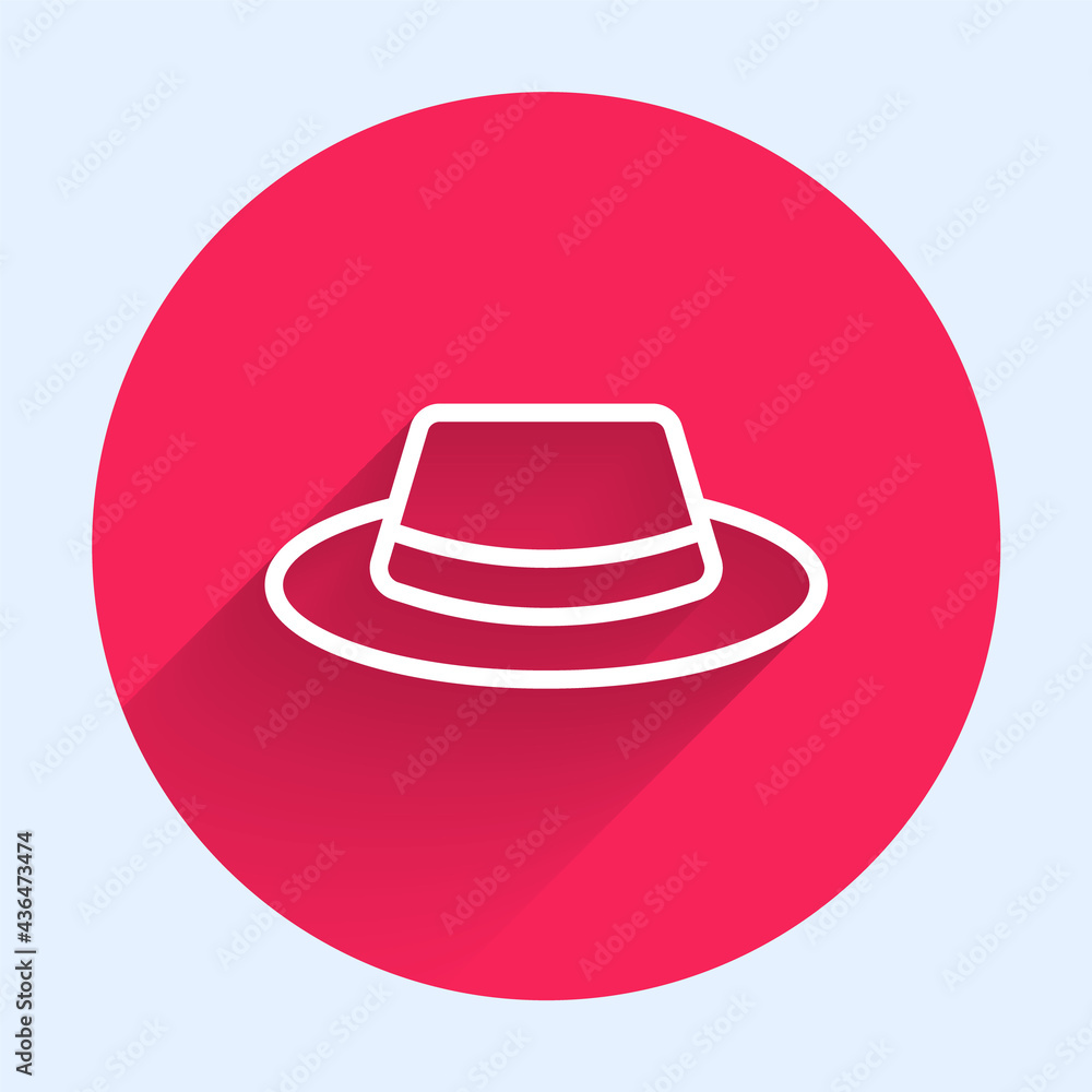 Poster white line man hat with ribbon icon isolated with long shadow. red circle button. vector