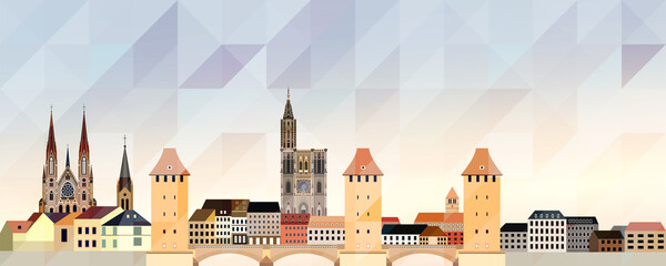 Strasbourg skyline vector colorful poster on beautiful triangular texture background - obrazy, fototapety, plakaty