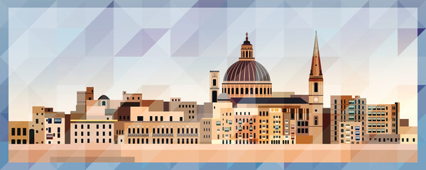 Valletta skyline vector colorful poster on beautiful triangular texture background