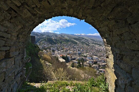 Inside the castle of Gjirokastra with view on the city
