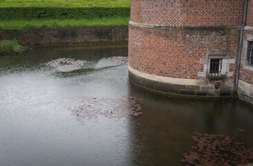 A moat around a medieval castle filled with water