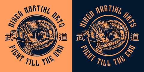 A round vector emblem with a Japanese dragon, this design can be used as a shirt print, translation of Japanese characters in the file layer name