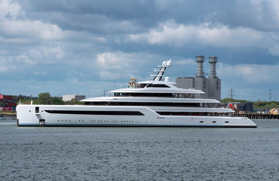 Southampton, England, UK. 18.05.2021.  Super yacht departing  a port in southern England, UK