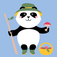 Vector illustration of a cute cartoon panda bear with walking stick, a mushroom and a basket. © foxfinitive