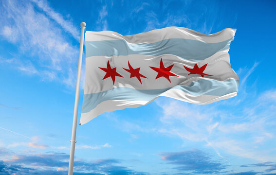 flag of Chicago, Illinois at cloudy sky background on sunset, panoramic view. Patriotic concept about Albuquerque, New Mexico and copy space for wide banner. 3d illustration