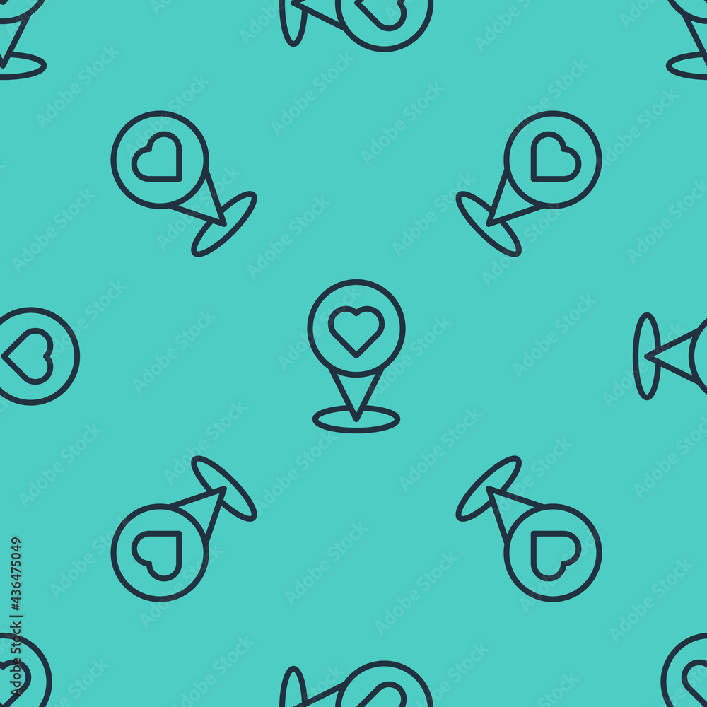 Poster black line map pointer with heart icon isolated seamless pattern on green background. valentines day