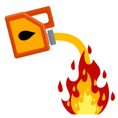 Canister with fuel. Container with oil. Flammable object. Danger and fire. Watering a Dangerous flame. Flat cartoon icon illustration isolated on white background. Red gas tank