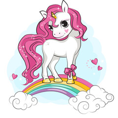  Cute smiling unicorn with pink bow on its leg.Rainbow and clouds. Beautiful picture for your design.