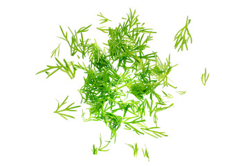 Sliced dill isolated on white background, top view, close-up. Fresh organic dill sliced on a white, top view. The spice for cooking is chopped green dill.