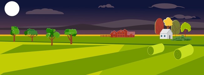 Fototapeta na wymiar scenery rural landscape, green field with hay stacks and farm buildings blue cloudy sky. Summer time countryside farmland vector