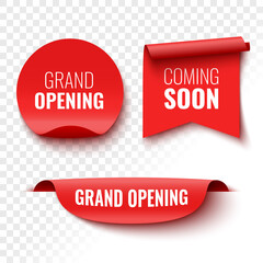 Coming soon grand opening banners. Red ribbon, tag and sticker. Vector illustration. - obrazy, fototapety, plakaty
