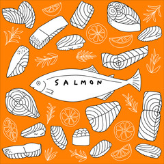 Hand drawn salmon fish and sliced pieces with sashimi and lemon fruit in doodle art style on orange background