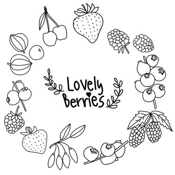 Hand drawn lovely berries fruit in wreath pattern. Vector illustration on white background