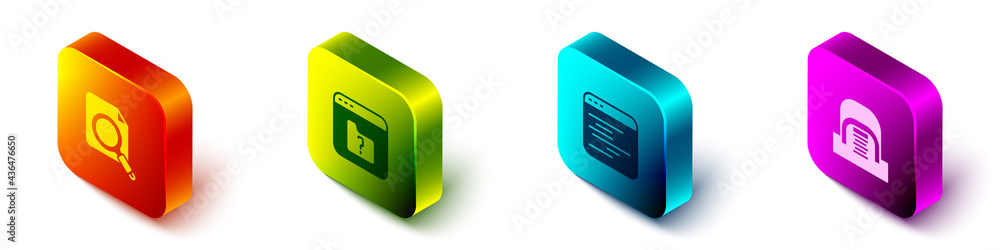 Poster set isometric search concept with folder, file missing, software and hangar servers icon. vector