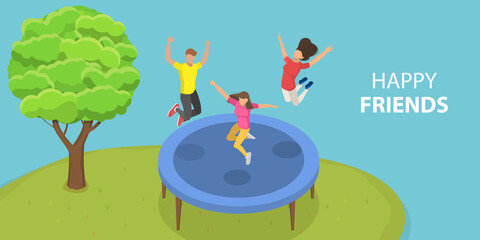 3D Isometric Flat Vector Conceptual Illustration of Happy Friends Activities and Entertainment, Company Holiday Party