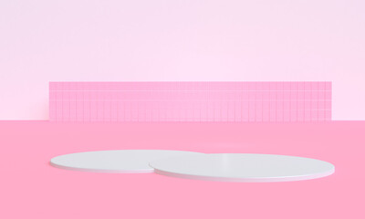 Minimal white geometry Abstract shape mock up with podium for product display on pink background, 3D Render