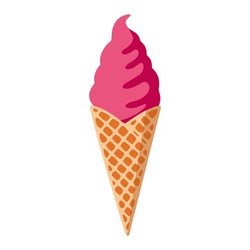 Cartoon pink ice cream in a waffle cone. Delicious ice sweets. Isolated icon for the summer menu. Minimal elegant illustrations