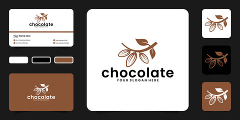 Chocolate, cocoa pods hanging on branches, logo template. Cocoa beans, cocoa beans and cocoa plants and business card inspiration