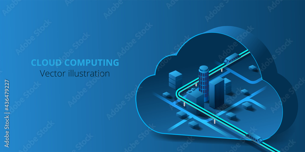 Aufkleber  Futuristic city connected to cloud computing storage of big data. internet network connection cloud technology for communication , business and technology on Dark blue background.