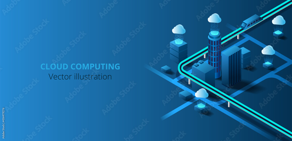 Leinwandbilder futuristic city connected to cloud computing. internet network connection cloud technology for commu