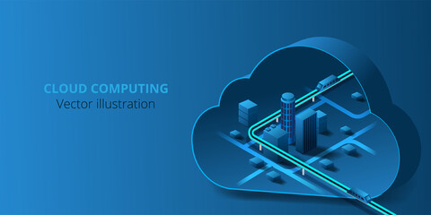  Futuristic city connected to cloud computing storage of big data. internet network connection cloud technology for communication , business and technology on Dark blue background.