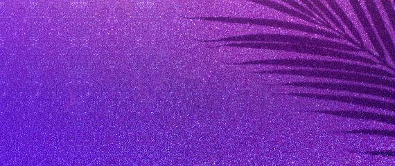 Glitter tropical banner background. Shadow of a tropical branch of a palm tree on a colored glowing glitter background. Party, glamor, celebration, beauty, fashion concept - Powered by Adobe