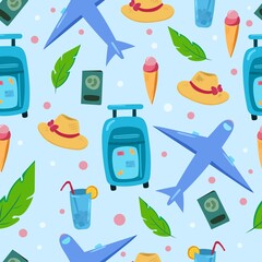 Vacation seamless pattern. Colorful summer pattern with planes and different vacation accessories. 