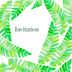 Frame made of watercolor green leaves. Rainforest border for text. Copy space for text.