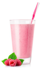 raspberry smoothie with straw in glass isolated on white