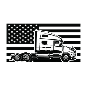 American semi-truck on the background of the American flag. Vector illustration for printing and cutting