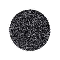 Isolate of a sample of small black seeds in the form of a circle. Agricultural seeds. Top view of seeds.