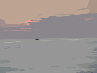 Abstract landscape with the lake, sky and small boat. Contemporary art in pastel colors