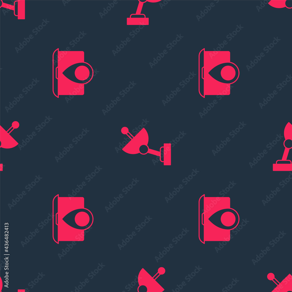 Poster set laptop with location marker and radar on seamless pattern. vector