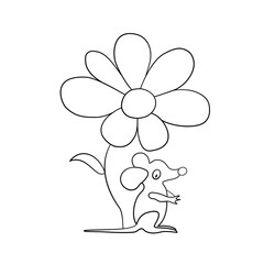 Cartoon outline mouse and daisy for coloring book. Cute funny forest character for kids. Beautiful chamomile. Hand-drawn vector. Leisure activities, home education, school, kindergarten, illustration.