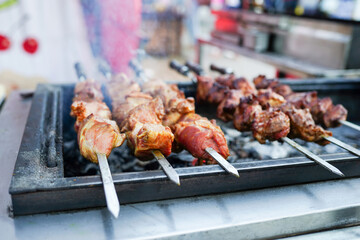Barbecue grill with various kinds of meat, close-up.