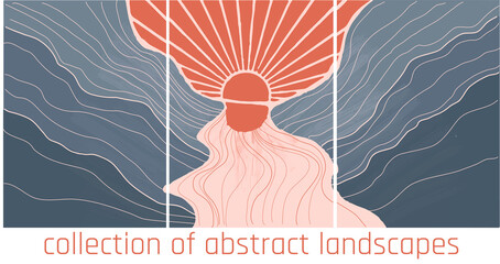 vector abstract landscapes in minimalist style. orange and blue palette