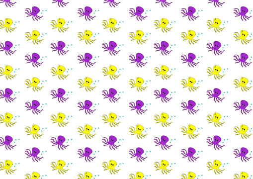 repeating pattern of purple and yellow octopuses, colorful childish sea animals background