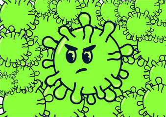 green virus background, with angry face. Repetition of microscopic virus in concept of disease or bacteria