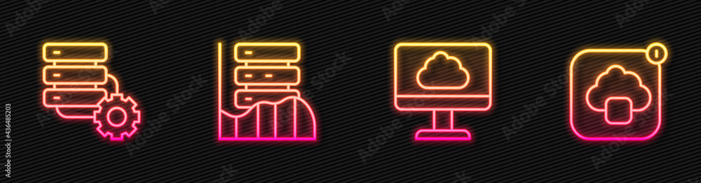 Poster set line cloud technology data transfer, server and gear, server, data, web hosting and . glowing ne