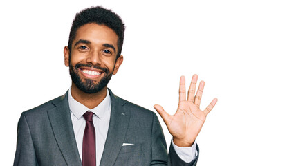 Young african american man wearing business clothes showing and pointing up with fingers number five while smiling confident and happy.