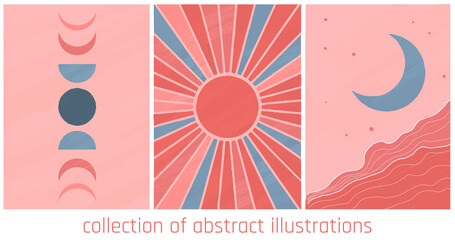 vector abstract landscapes in minimalist style. orange and blue palette, main colour is orange