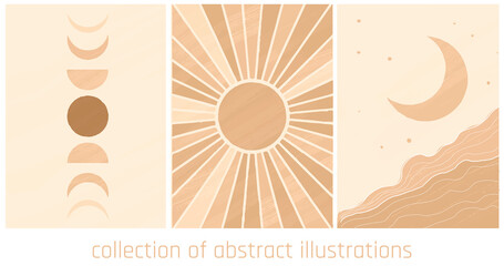 collection landscapes with stylized mountains, sun and moon in yellow desert palette