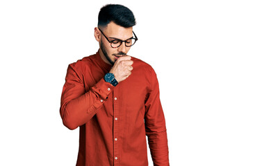 Young hispanic man with beard wearing business shirt and glasses feeling unwell and coughing as symptom for cold or bronchitis. health care concept.