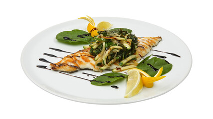 Grilled seafood dorado fish with lemon and vegetables on white round plate isolated on white background