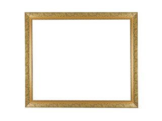 Wooden frame for paintings with golden patina. Isolated on white