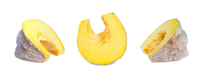 collection of sliced pumpkin chunks isolated on white background