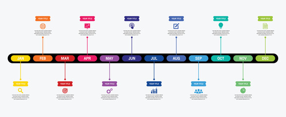 12 months or 1 year timeline infographic, timeline infographics for annual report and presentation,Timeline infographics design vector and Presentation business. - obrazy, fototapety, plakaty